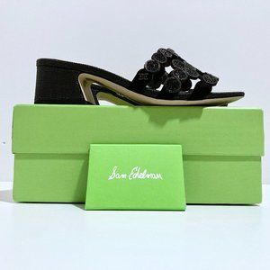 SAM EDELMAN Winter Slides Low Block Heel Sandals Woven Black Geometric Size 8